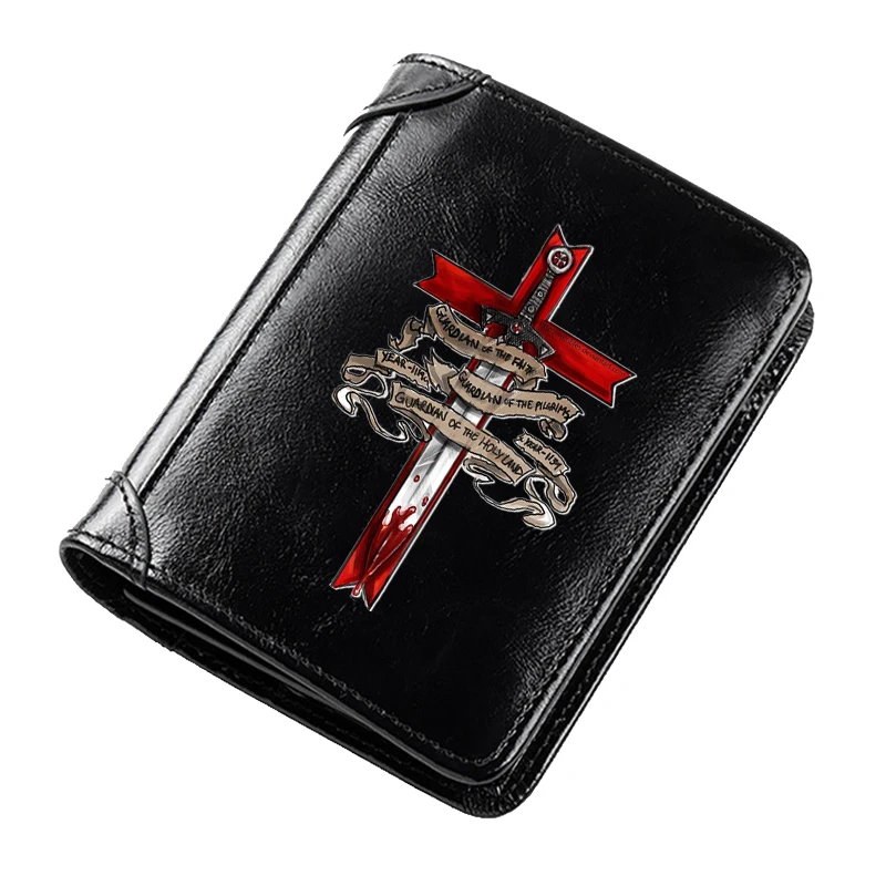 

Knights Templar Cross Sword Printing Genuine Leather Wallets for Men Rfid Thin Short ID Credit Card Holder Money Bag