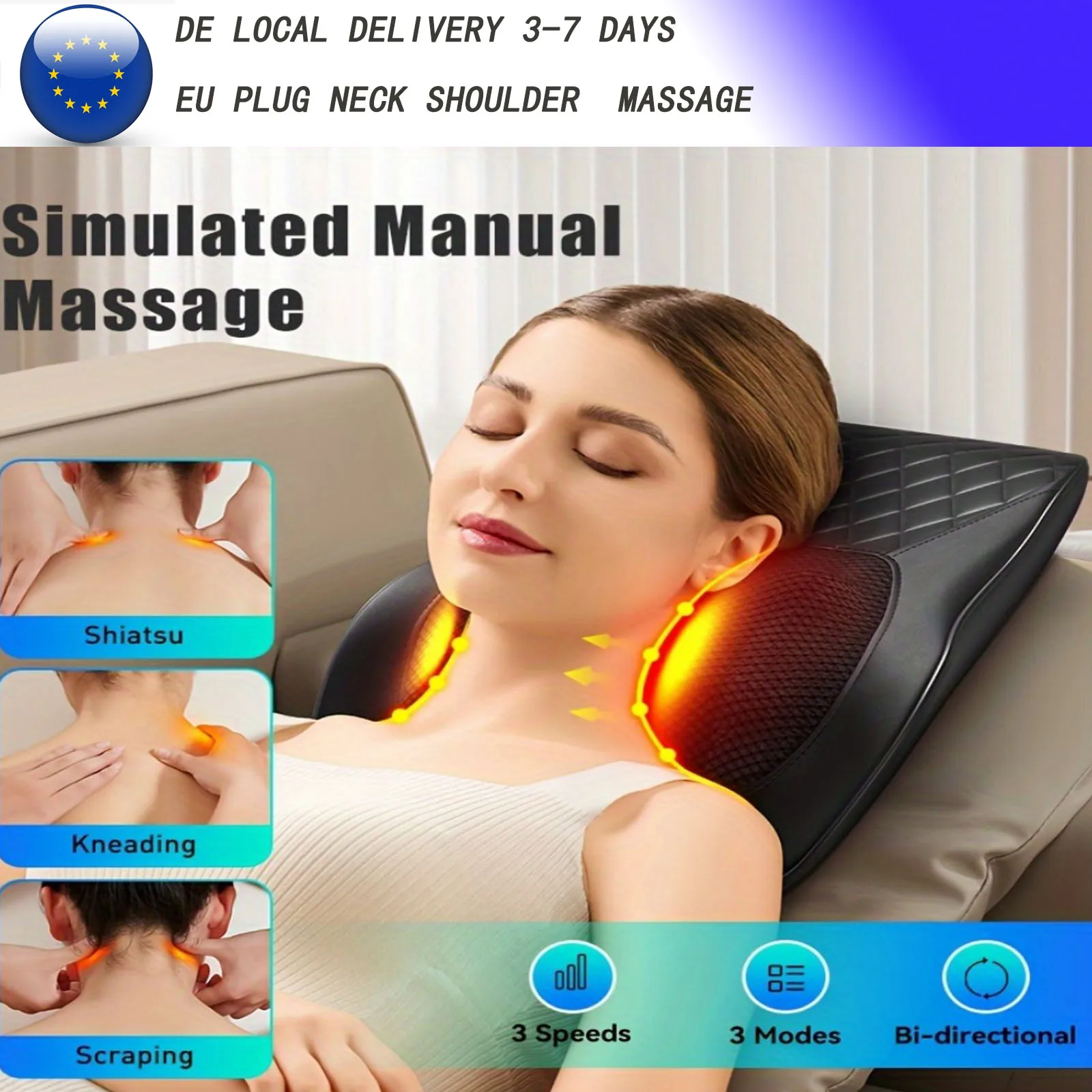 Neck Vibration Massager Relieves Muscle Fatigue Legs Waist Back Relaxation  Hot Compress Massage Pad EU Plug