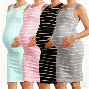 Maternity Women Sleeveless Striped Dress Summer Pregnancy Crew Neck Elastic Casual Maternity Dresses Premama Daily Wear Clothing