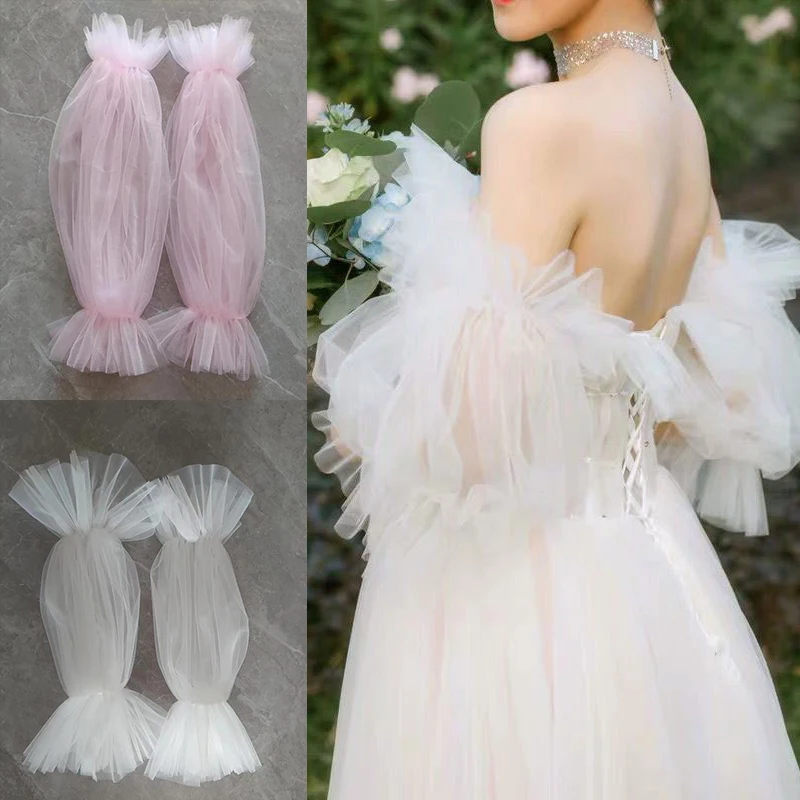 

Elegant Lace Tulle Ruffles Pleated Fluffy Sleeves Detachable Bride Wedding Dress Arm Cover Fingerless Gloves Wedding Accessories
