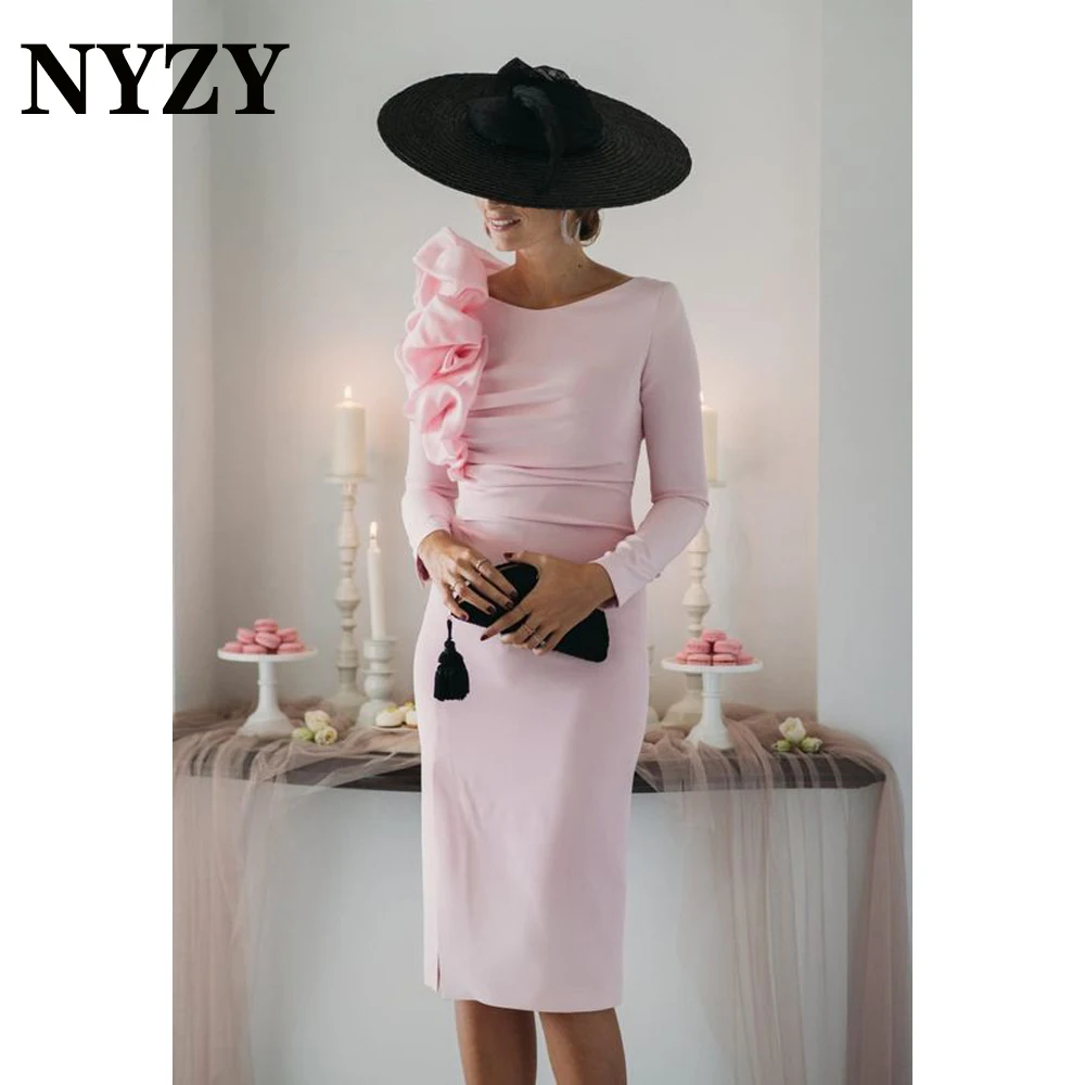 NYZY M311 Elegant Sheath Long Sleeves Pink Cocktail Dresses Wedding Party Evening Formal Gowns