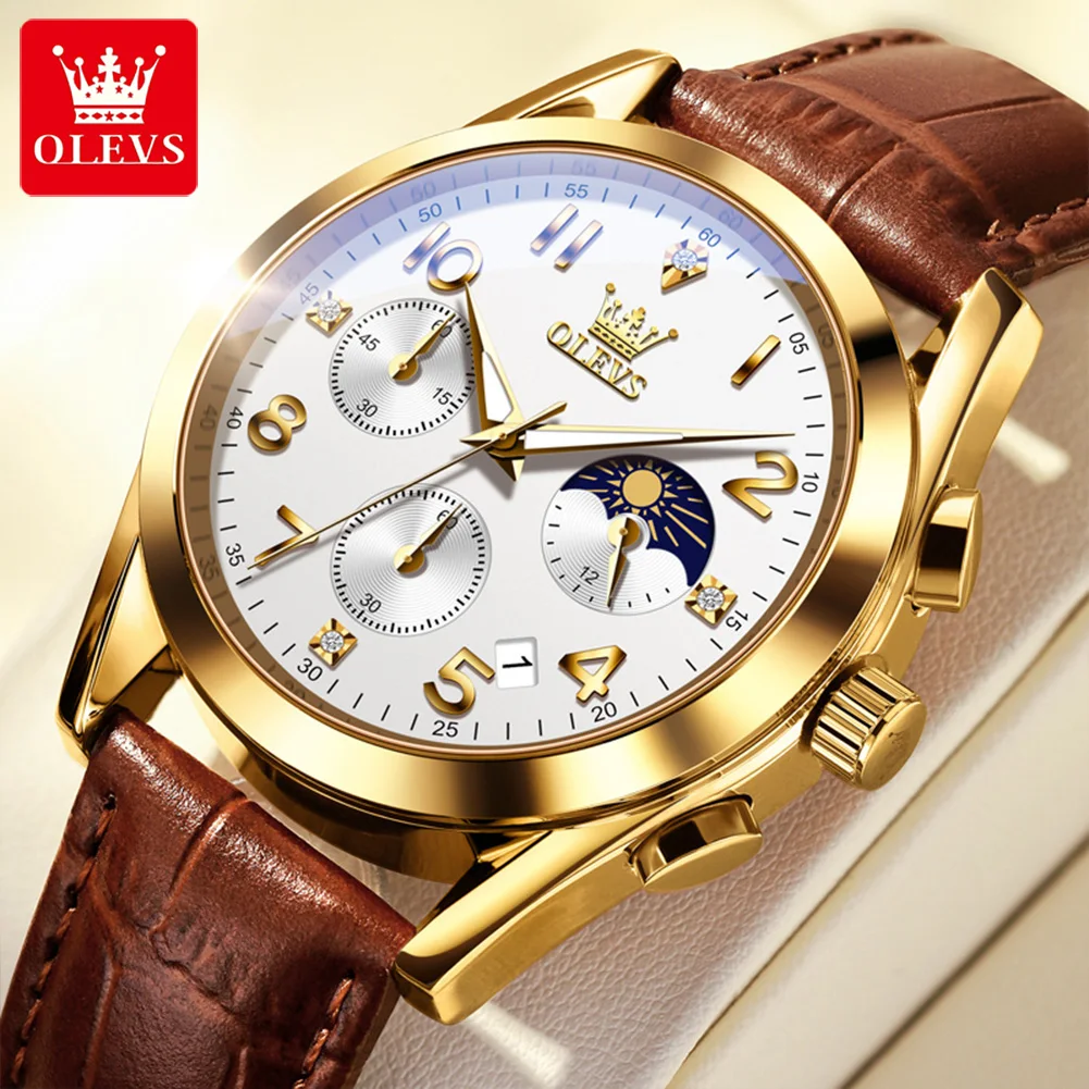 

OLEVS Top Luxury Men's Watches Multifunctional Fashion Trends Waterproof Luminous Calendar Moon Phase Quartz Wristwatch Leisure