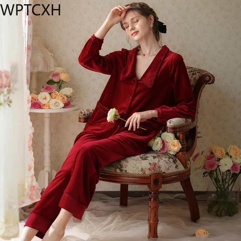 

WPTCXH Autumn Winter Plus Thick Court Style Pyjamas Lapel Women Home Wear Long Sleeve Long Trousers Two Piece Loungewear Sets