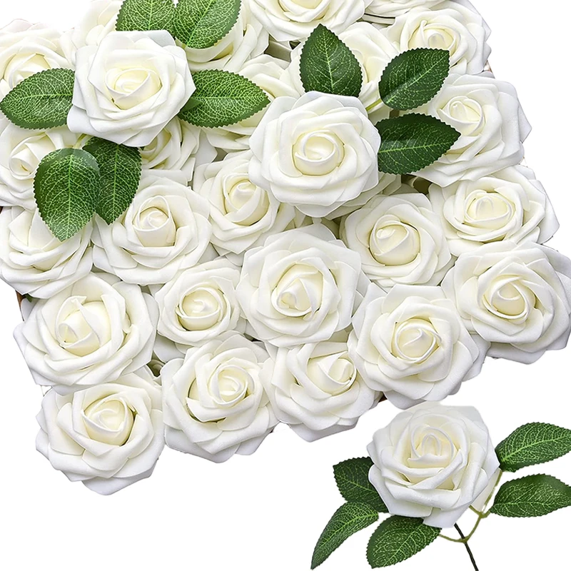 

50Pcs Artificial Flowers Rose Fake Foam Rose Bulk with Stems for DIY Wedding Bouquets Bridal Shower Mothers Day Party Home Decor