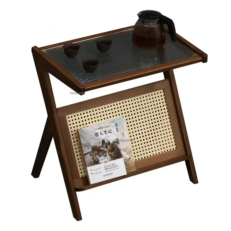 Modern Bamboo Sofa Side Table Home Furniture Living Room Creative Coffee Corner Glass Balcony Leisure Table Rattan Edge