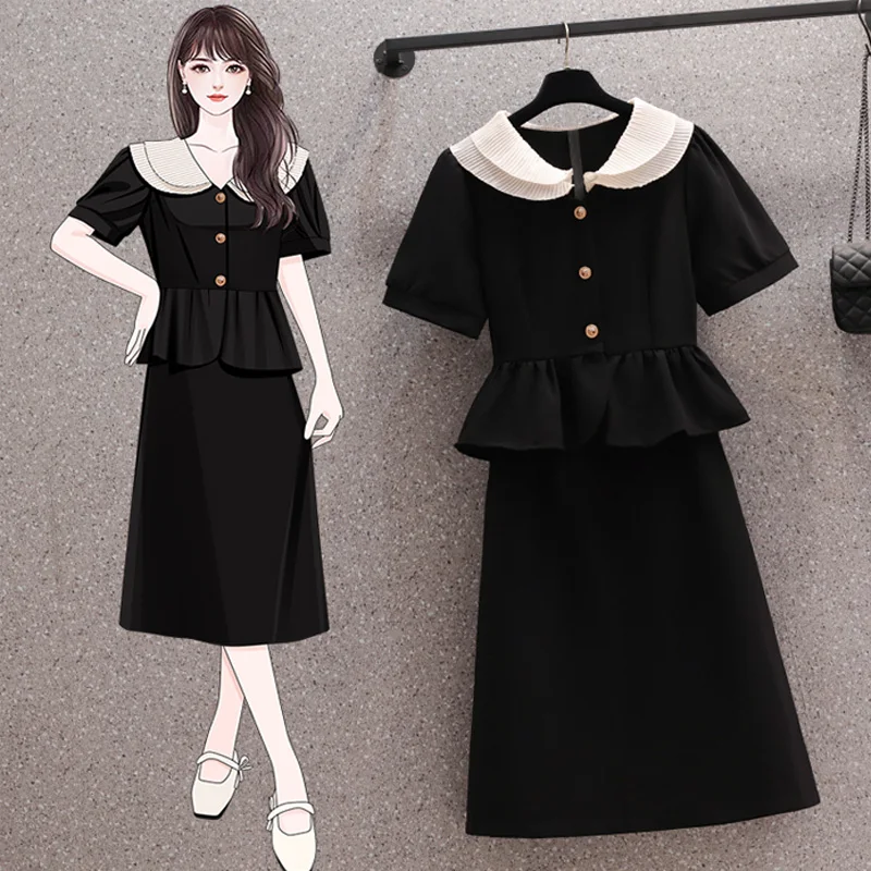 

Women Summer Elegant Two Piece Set Doll Collar Short Sleeve Cardigan Tops And Midi Skirt Casual Plus Size 4XL Black Office Wear
