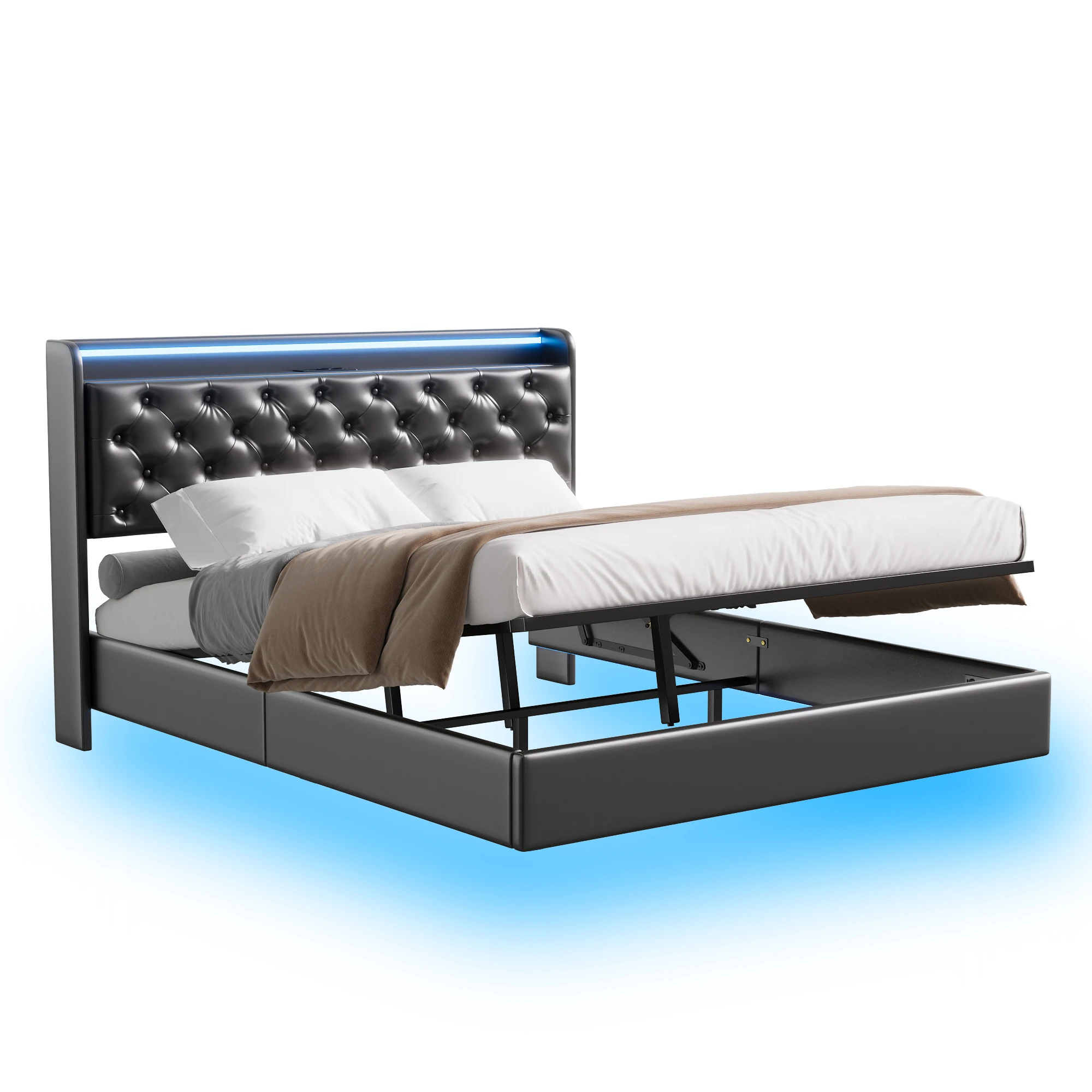 Creahappy Federkernmatratzenbett, Doppelbettrahmen, Kopfteil mit weicher Stauraum und LED-Beleuchtung, modisches weiches Bett mit Stauraum – Detail 6