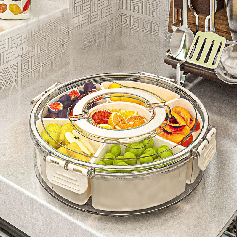 Kitchen Storage Box Six Division Rotating Fruit Tray Sealed Moisture-Proof Snack Box Lid