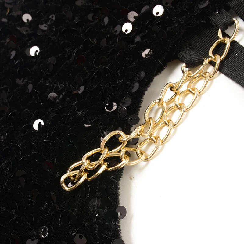 Summer Dress Women Sexy Shine Sequin Sleeveless Waist Cutout Metal Chain Halter Neck Dress 2000s Club Party Dresses
