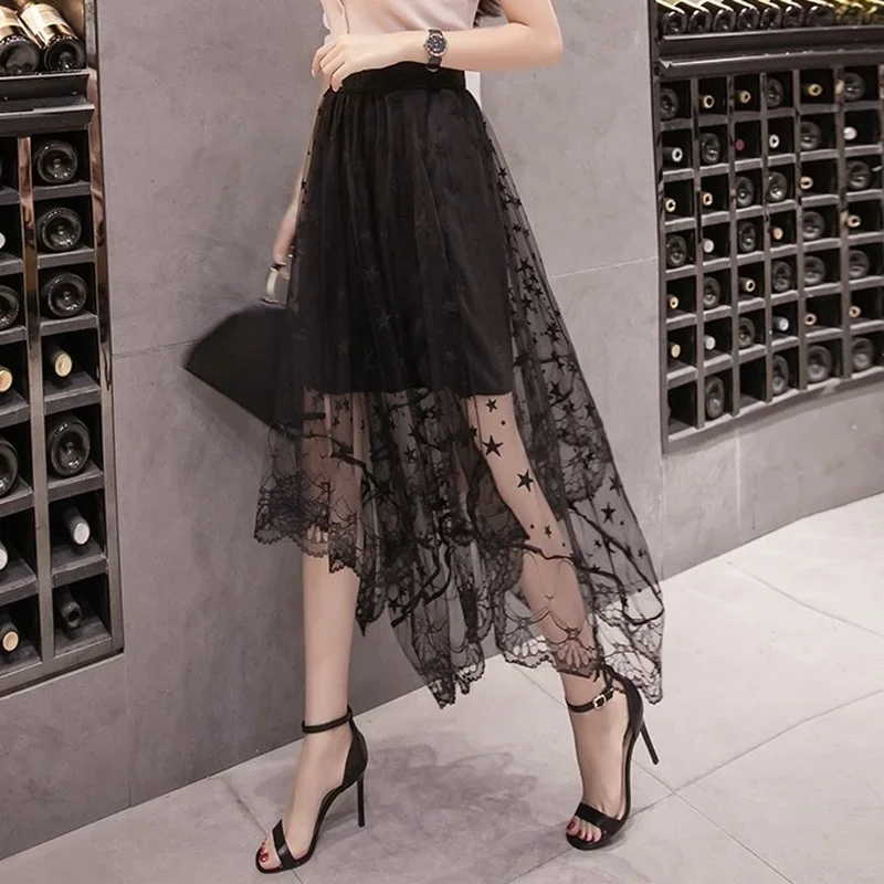 

New Irregular Black Tulle Korean High Waist Female Long Skirt with Lace Women Summer Sexy Transparent Pengpeng Mesh Maxi Skirts