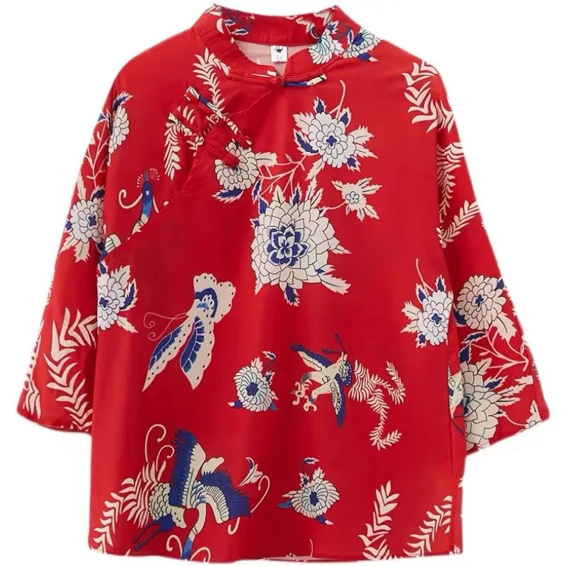 Summer Loose Retro Top Buckle Stand Collar Chinese Cheongsam Style Shirt For Women Casual Hanfu Blouses Party Vintage T-shirt