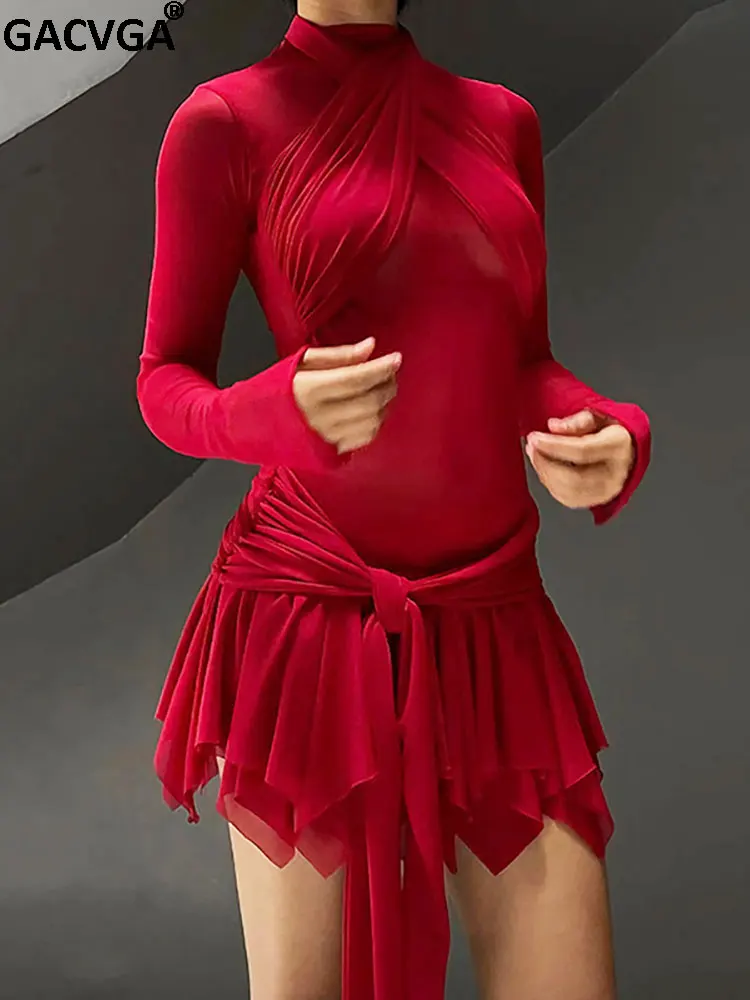 

Элегантное Сетчатое Плиссированное прозрачное ТРАПЕЦИЕВИДНОЕ мини-платье GACVGA, Женская Клубная одежда с длинным рукавом и рюшами, Сексуальные облегающие платья