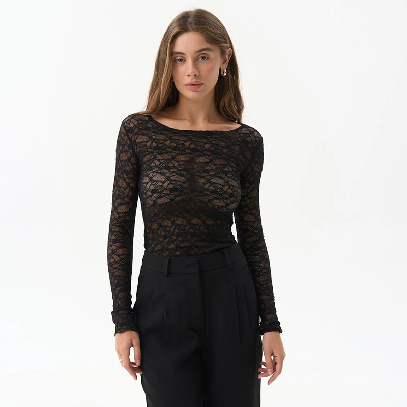 CUTENOVA Lace Women'S Tops Hollow Out Basic Casual Elegant Long Sleeve Tops See-Through Party For Sexy Lady Fashion Street Tops 4