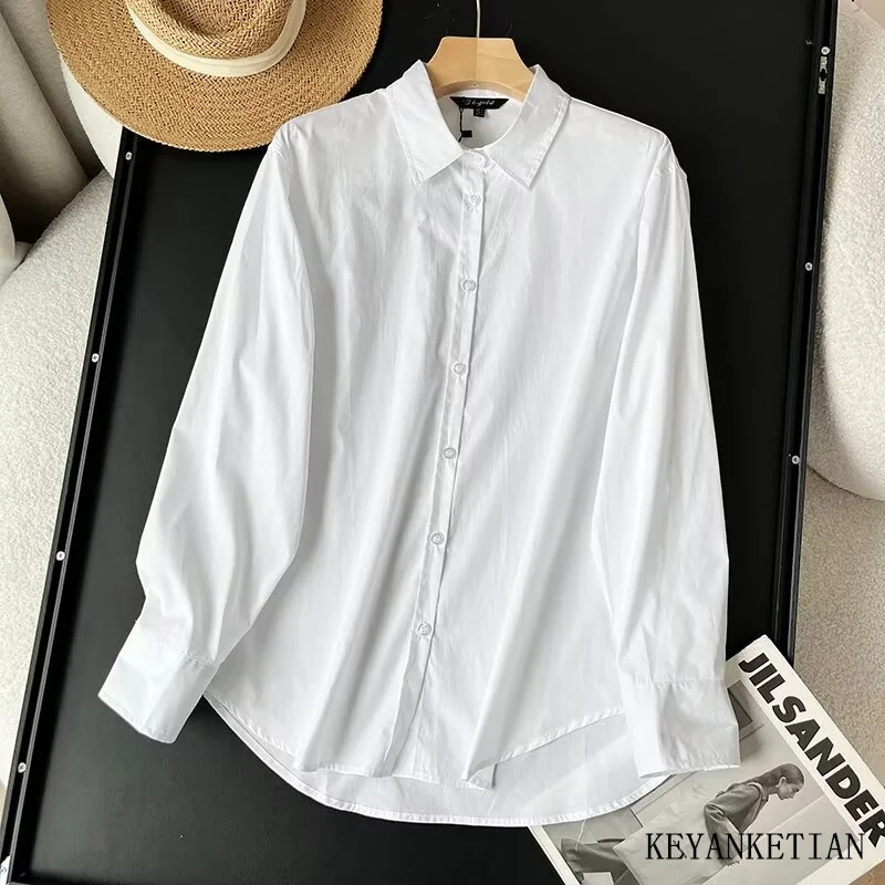 

KEYANKETIAN 2024 New Launch Women's White poplin shirt Spring Single Breasted Long Sleeve Basic Blouses Office Lady Oversize Top