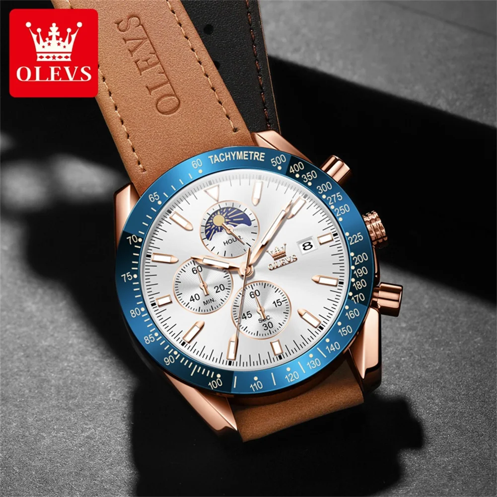 OLEVS Brand Fashion Moon Phases Chronograph Quartz Watch for Men Leather Waterproof Luminous Date Mens Watches Relogio Masculino