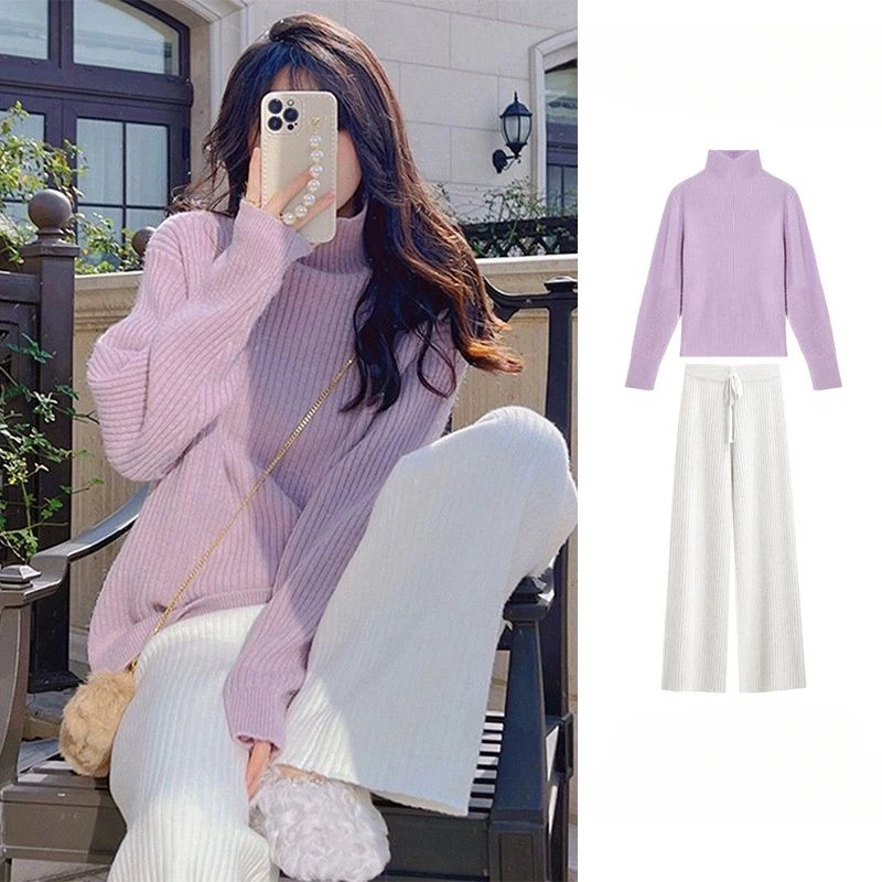 

Women 2023 Autumn Winter Korean 2 Piece Sets Female Long Sleeve Knitted Sweater Tops Ladies High Waist Wide-leg Pants Suits R484