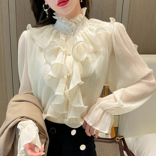 Chemisier en dentelle pour femmes, vêtements Vintage à volants, col montant, chemise en mousseline de soie blanche, manches longues bouffantes, hauts amples élégants, printemps automne 1