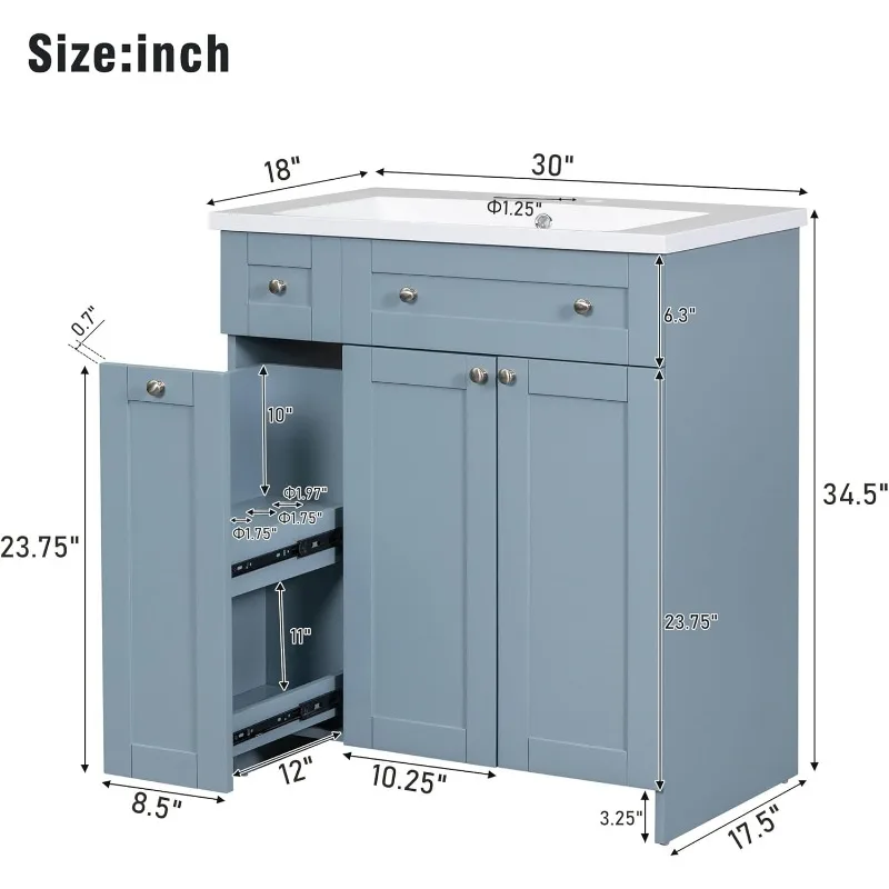 30" Bathroom Vanity with Single Sink, Combo Cabinet Undermount Sink, Solid Wood Frame Bathroom Storage Cabinet, 3