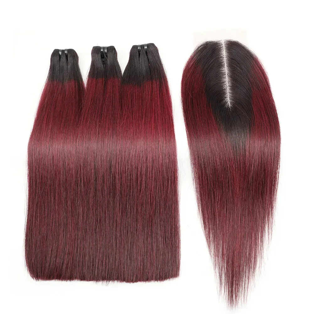 Human Hair Bundles Vietnamese Raw Human Hair Bundles Bone Straight Weave Bundles with Closure Burgundy Red Hair Deal 2x6 Lace Kim K Closure