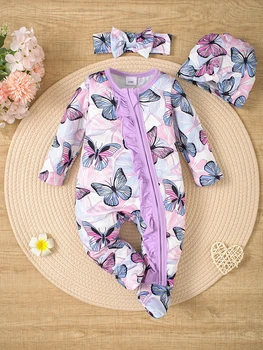 Spring and summer baby newborn zip-up footed onesie set, including a hat and a scarf, three-piece set 1