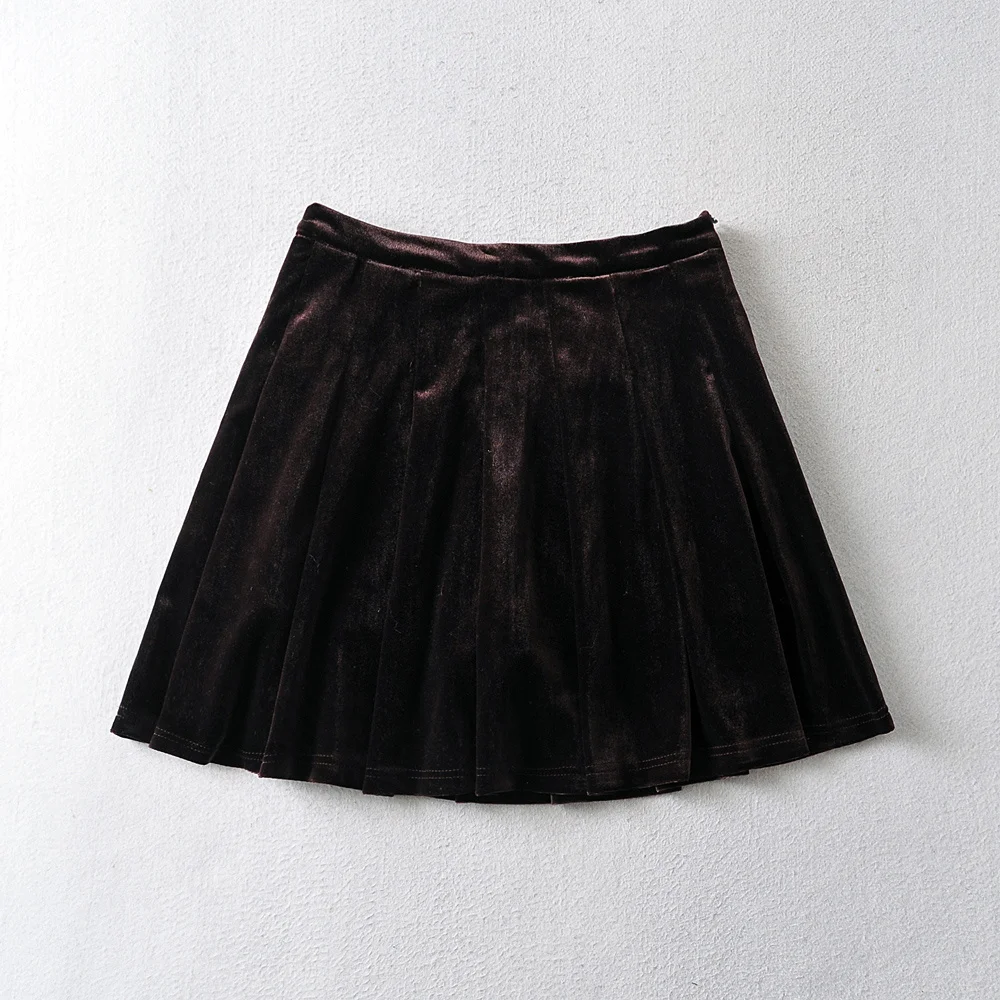 black mini skirt Summer new street style solid color high waist, thin and anti-glare A-line skirt women's sexy pleated short velvet skirt women leather skirt