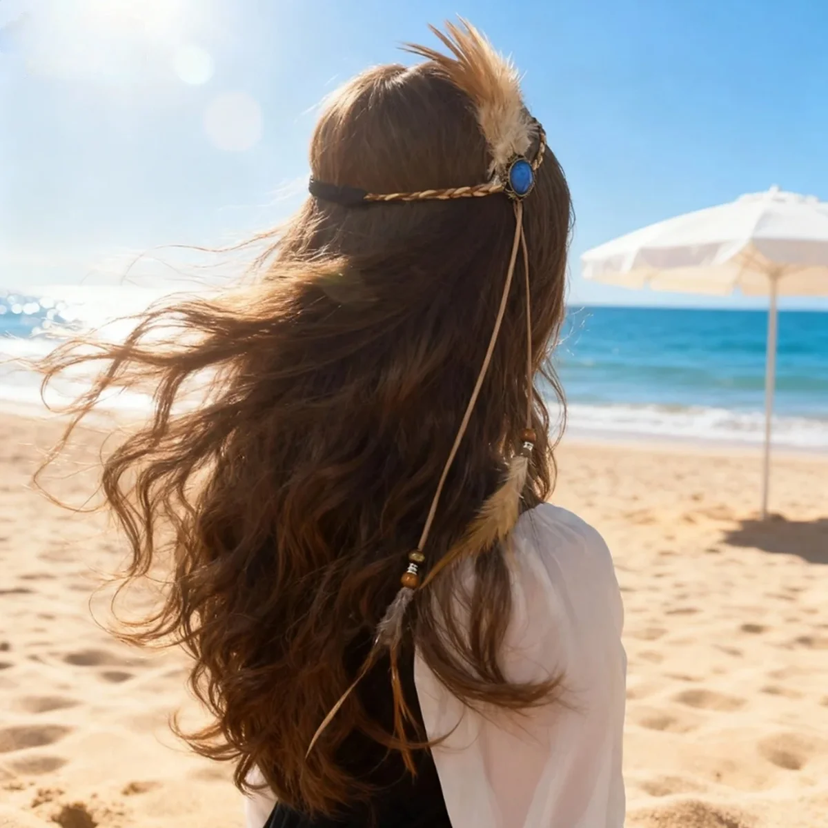 1-teiliges Vintage-Böhmisches handgewebtes Haar mit Feder-ähnlichem Quasten-Haar-Stirnband, geeignet für Damen-Haar-Accessoires, Strand – Detail 8