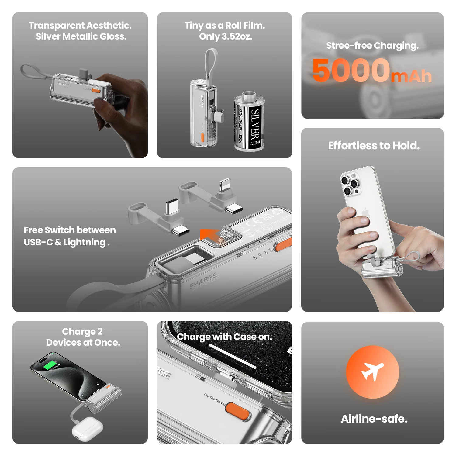 SHARGE Mini Auxiliary battery 5000mAh Power Bank Dual USB-C + Lightning PD Fast Charging Interface for iPhone Samsung HUAWE 5