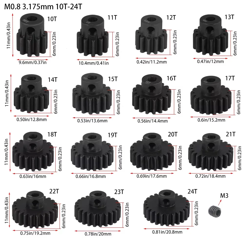M0.8 3.175mm Hardened Steel Metal Pinion 10T 11T 12T 13T 14T 15T 16T 17T 18T 19T 20T 21T Motor Gear for 1/10 RC Car Upgraded Mod