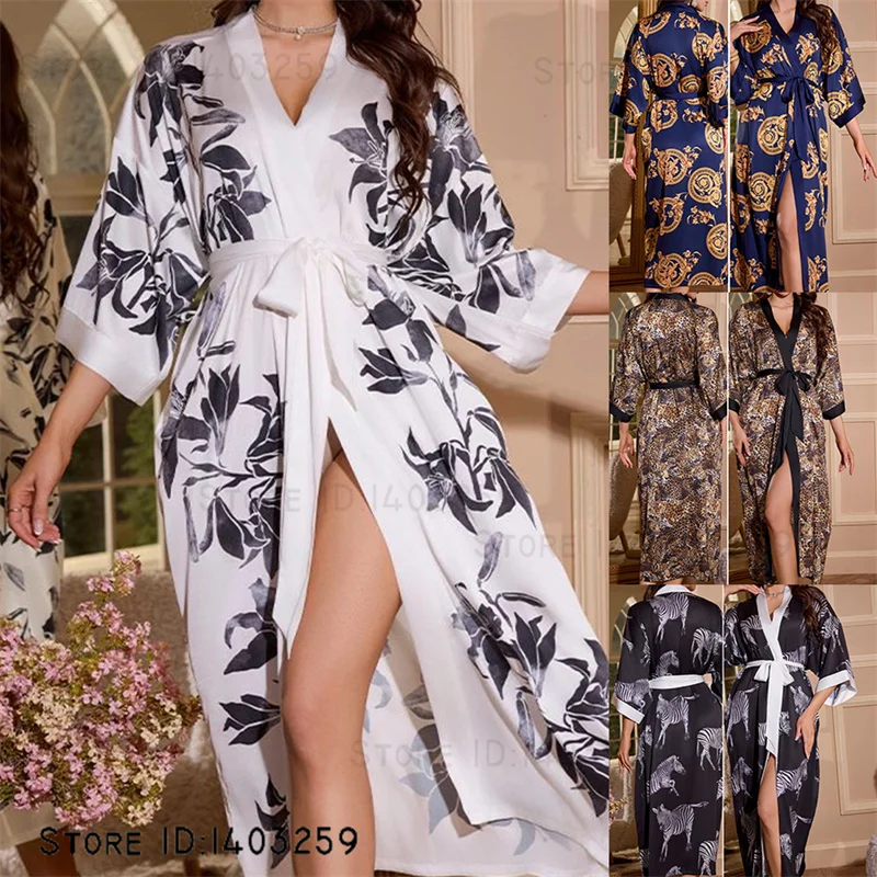 New Women Long Robe Japanese Kimono Bathrobe Gown Yukata Spring Summer Satin Sleepwear Home Dress Loose Nightwear Loungewear