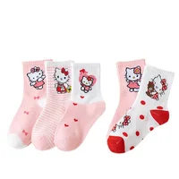 Cartoon kitten 5 Pairs Pure Cotton Soft Student Socks pink Girls Socks Middle Tube Sock For 5-8Year