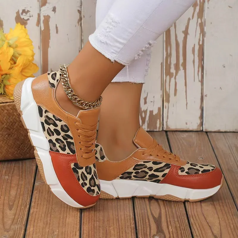 

Кроссовки женские с низким верхом, теннисные туфли на платформе, леопардовые, на шнуровке, Уличная обувь для бега, весна-осень
