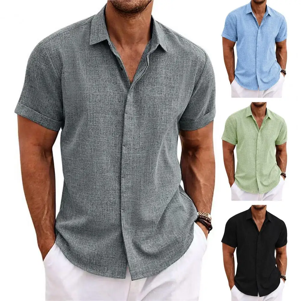 Short Sleeve Shirt Men's Casual Loose Fit Short Sleeve Lapel Shirt with Solid Color Buttons Placket Lightweight Summer for Male 2