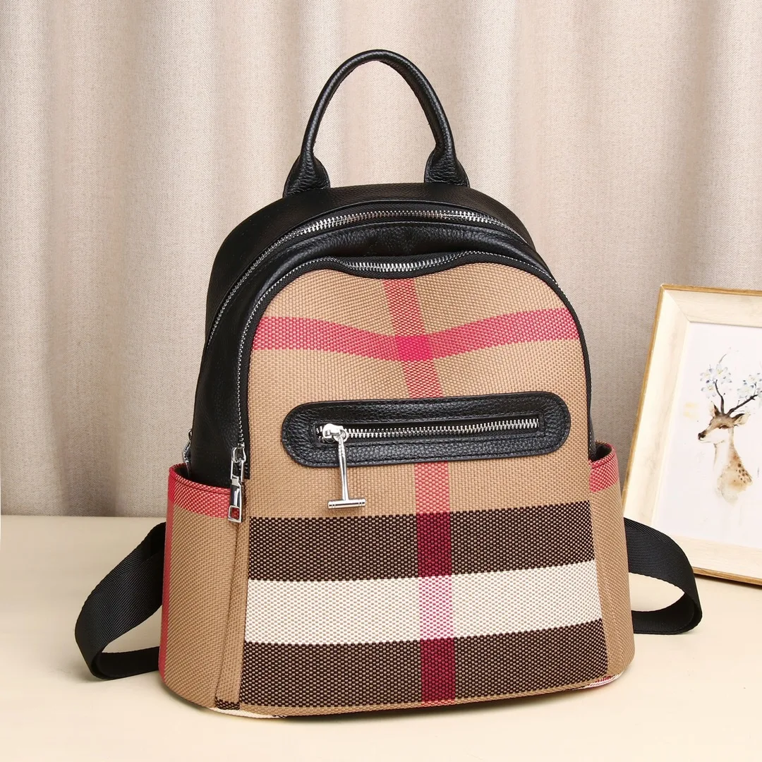 

Genuine Leather Backpack Checked Cloth Fashion Luxury Women High Quality Women's Commuting Bag Casual Female Business Backpacks