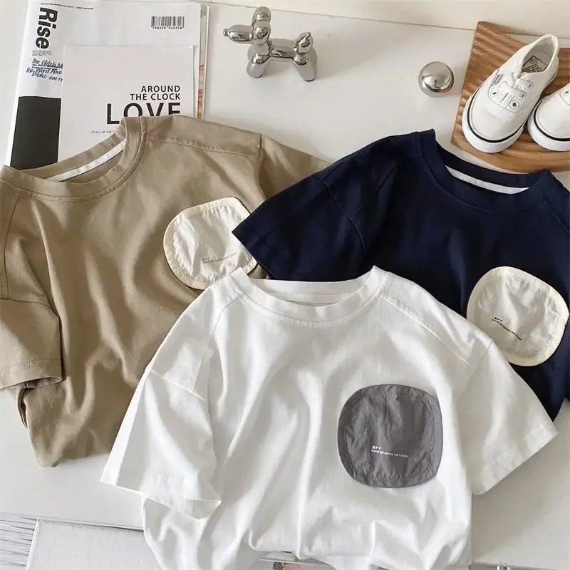 

Футболка с коротким рукавом для маленьких мальчиков, летняя Свободная белая Повседневная футболка с круглым вырезом в стиле хип-хоп, модный детский топ с принтом, Мужская яркая детская футболка