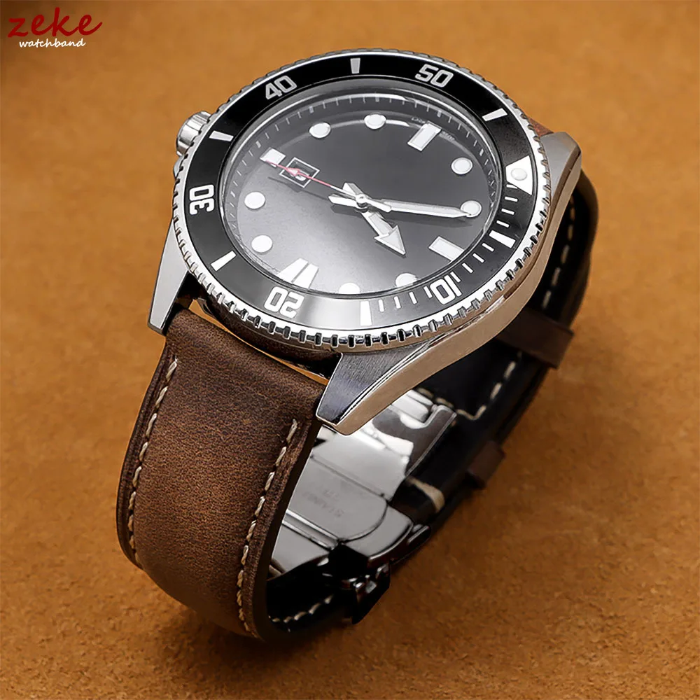 Vintage Cowhide Leather Watch Strap with Butterfly Buckle and Quick Release