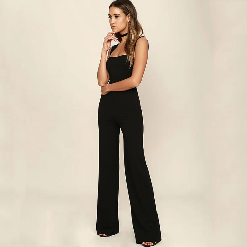 

High Waist Square Collar Long Jumpsuits Sexy Sleeveless Black Romper Jumpsuit New Indie Offical Lady Slim Jumpsuit Summer Women