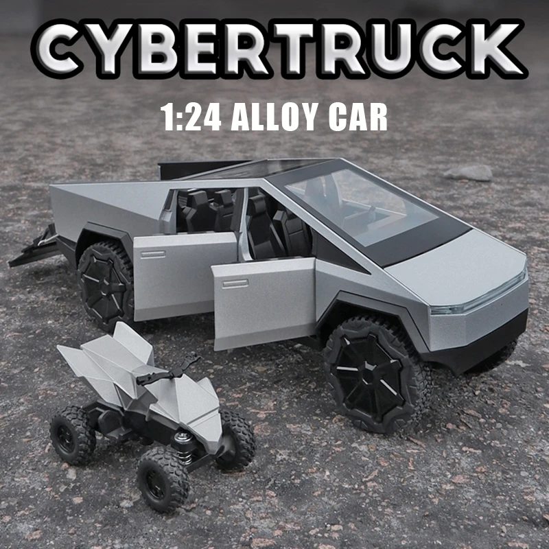 

1:24 Scale Tesla Cybertruck Diecast Toy with Motorcycle Car Model Sound Light