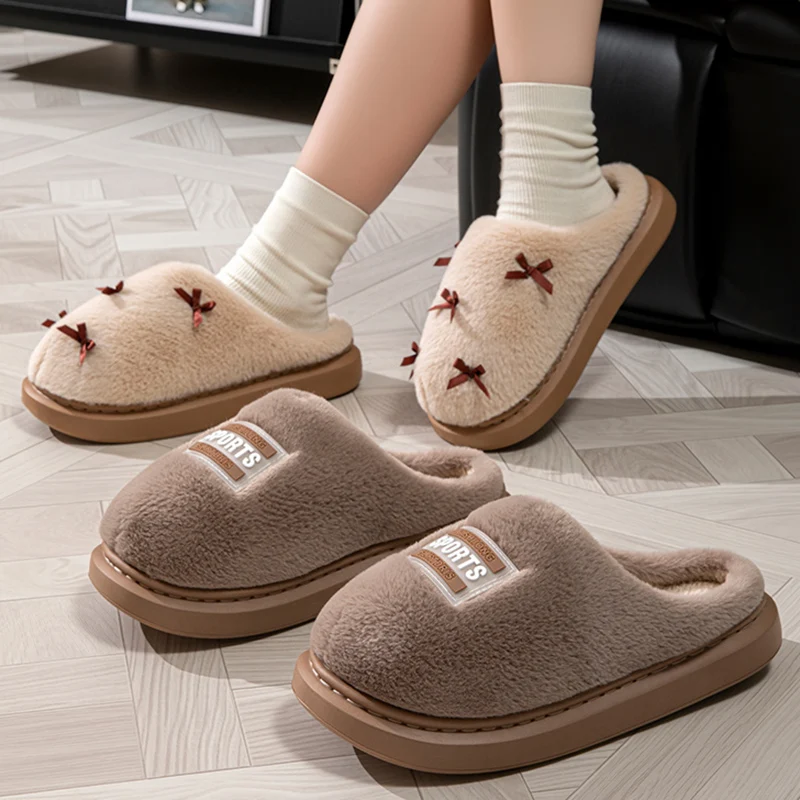 Fashion Bow Decor Fluffy Fur Slippers Women Winter Indoor Thick Bottom Warm Home Slides Woman Anti Slip Plush Couple Slippers