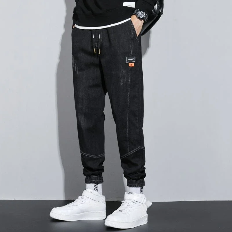 thumbnail image 1 of Pantalones vaqueros negros para hombre, talla grande, elásticos, de color azul claro, para hombre, pantalones de gran tamaño, estilo grunge, Y2k, estilo Harajuku, nuevos en mezclilla, 1 of 4