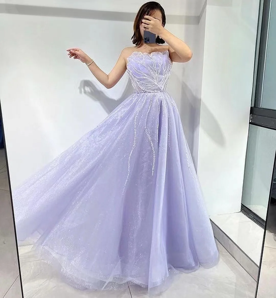 

Vestidos De Ocasión Formales Strapless Prom Dresses 2023 Handmade Beaded Tulle Princess Party A Line Evening Special Occasion