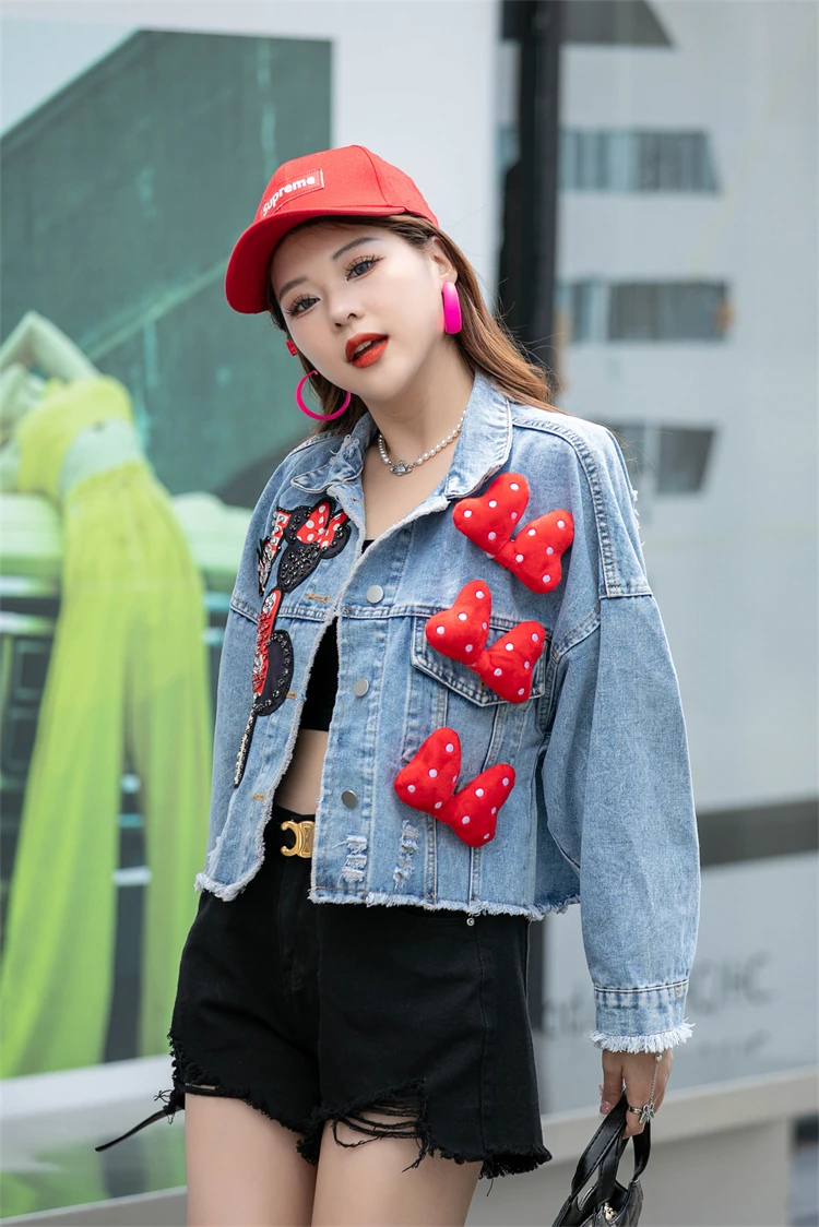 Women Jacket European American Style Heavy Industry Nail Bead Denim Coat 2024 New Sweet Short Top