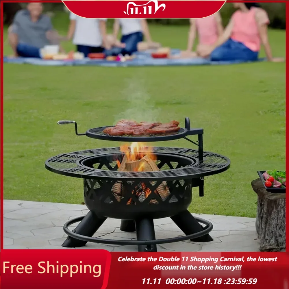 47" Steel Ranch Wood Burning Fire Pit Round Outdoor Fireplace with Adjustable Grill Top, Safety Ring, and Cooking Grate, Black