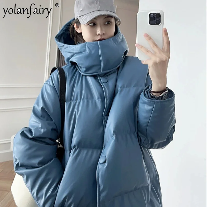 

Winter Goose Down Jacket for Women Genuine Leather Jackets Women's Mid Length Sheepskin Hooded Loose Coat