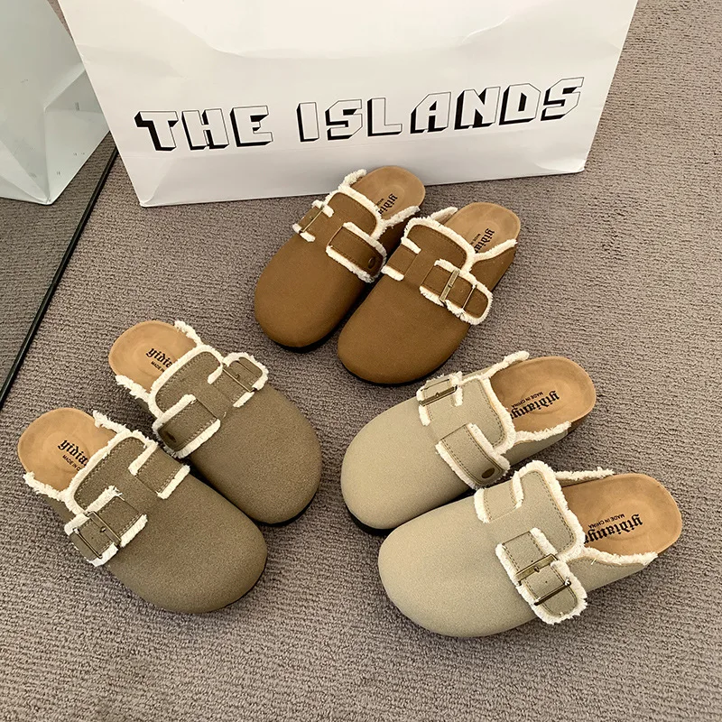 2025 Women's Baotou Slippers Spring New Fashion Round Head Suede Rivets Metal Buckle Anti-slip Wear-resistant Flat Shoes