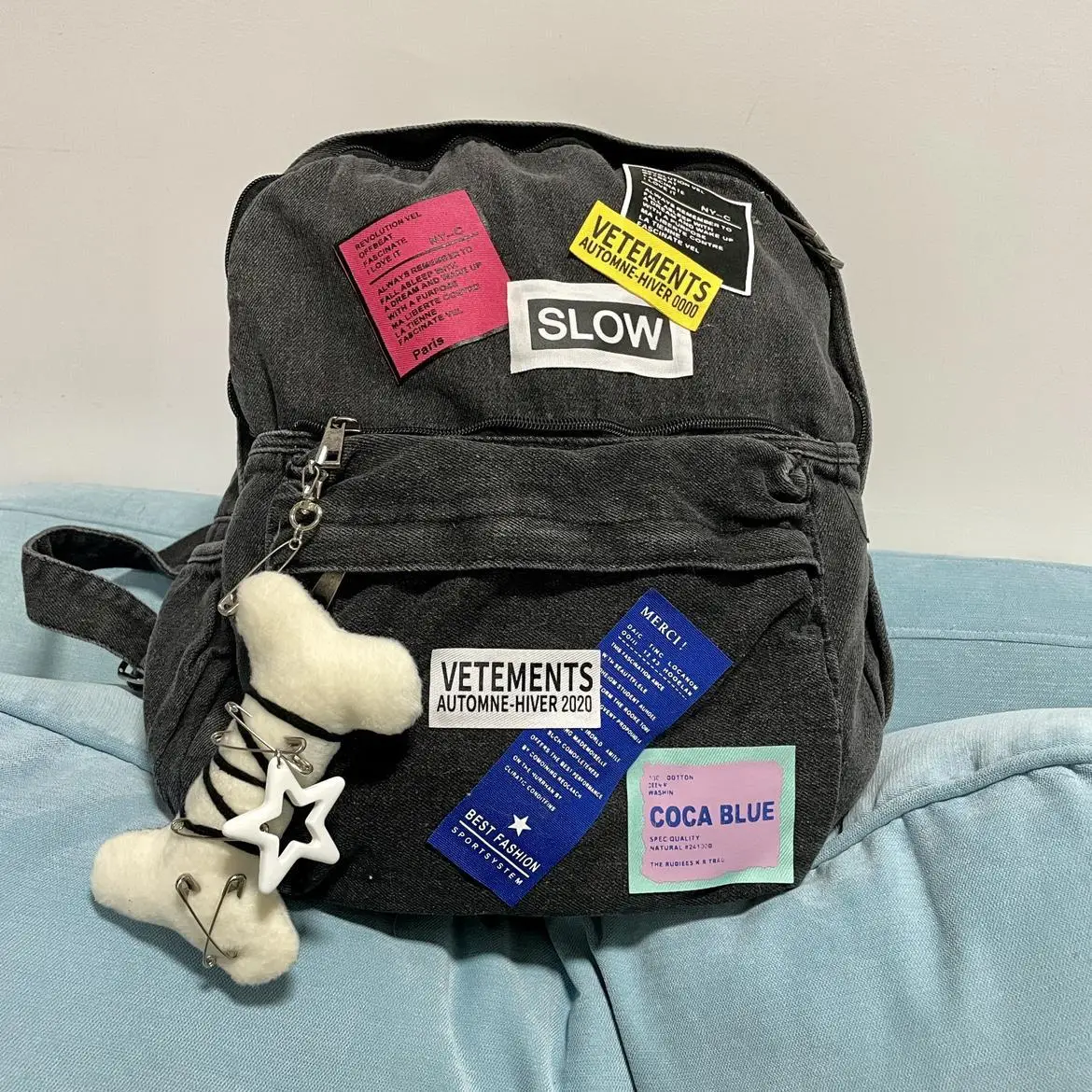 

American Vintage Colorful Sticker Bone Pendant Denim Hottie Backpack Punk Gothic Student Schoolbag Fashion Streetwear Back Pack