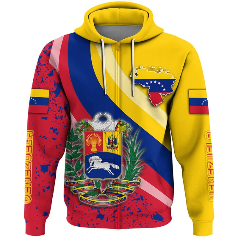 thumbnail image 1 of Sudadera con cremallera y estampado 3D de la bandera de Venezuela para hombre, sudaderas con emblema nacional, sudaderas holgadas de moda para deportes callejeros, 1 of 4