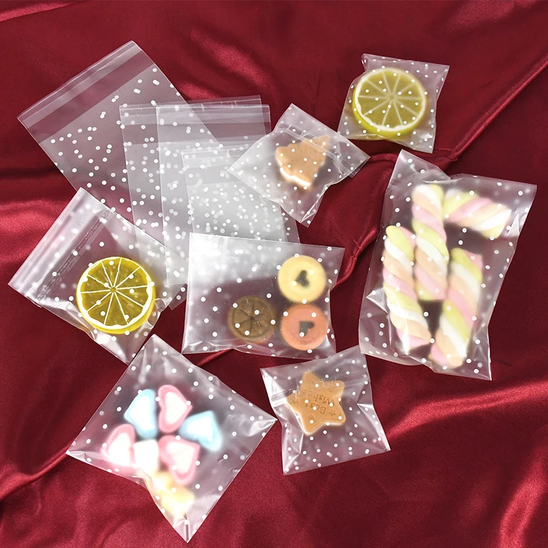 100pcs Transparent Plastic Candy Bag Packing Cellophane Bags Polka Dot Cookie Gift Bag DIY Self Adhesive Pouch Party Candy Bags
