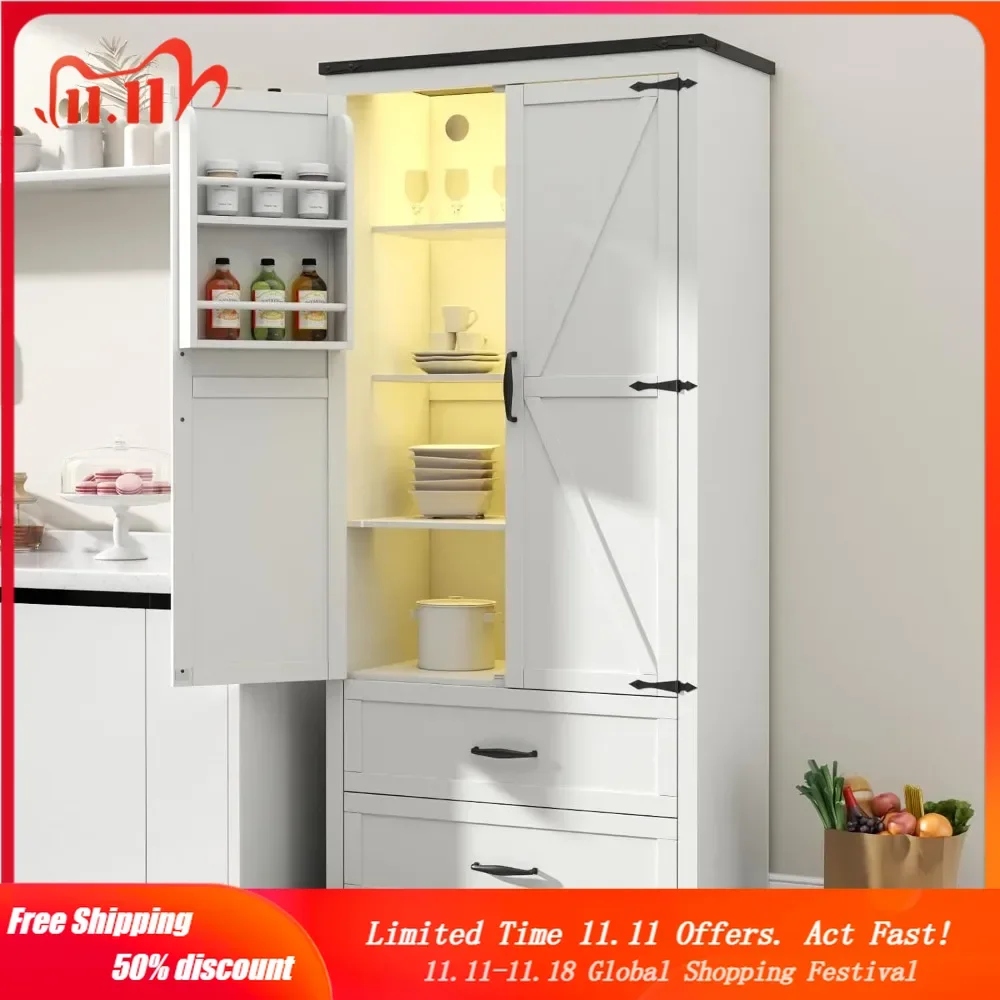 Tall Farmhouse Kitchen Cabinet with Sensor Light, Kitchen Pantry Cabinet with 2 Large Drawers and Adjustable Shelves