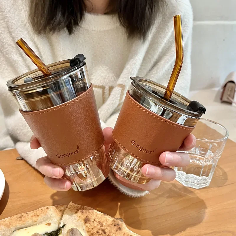 Ins Style Glass Coffee Cup with Straw Sealed Lid Cups Water Cute Water  Bottle Tea Mugs Coffee Cups Tumbler with Straw - AliExpress