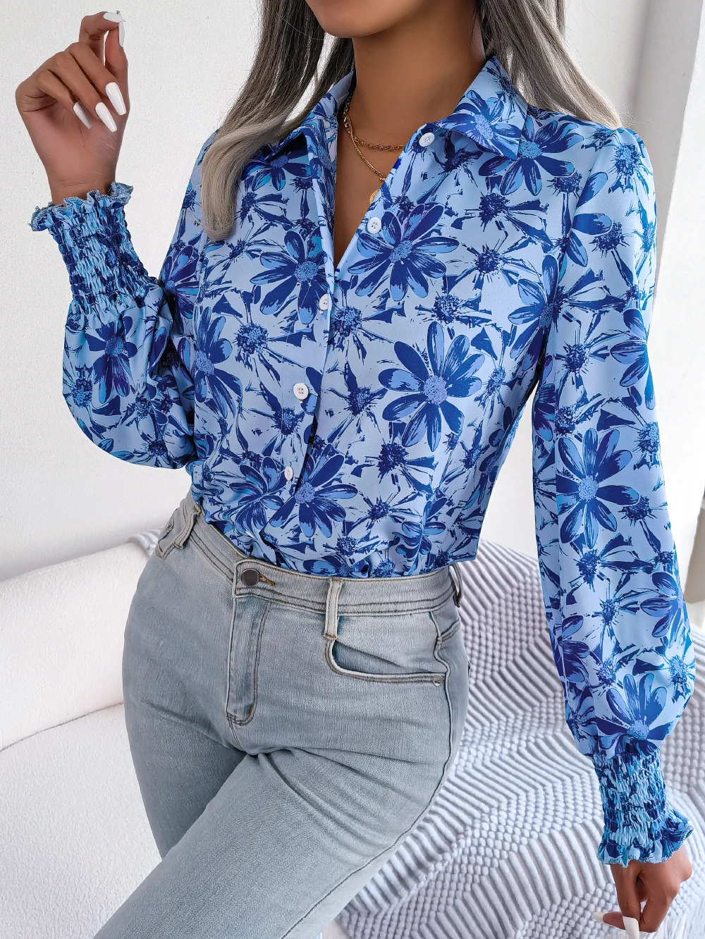 Women Floral Chiffon Autumn Casual Shirt